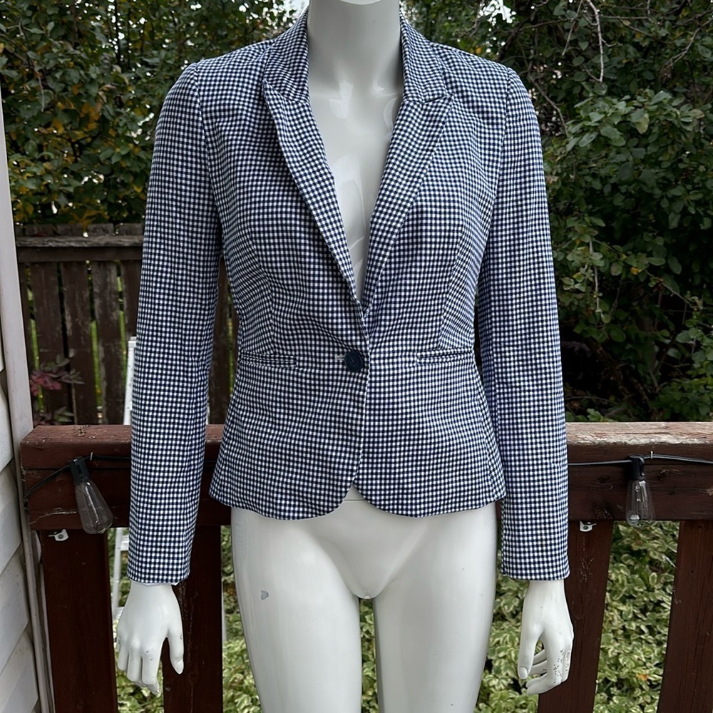 Jacob CHIC size small double breasted plaid blue and white blazer NWOT